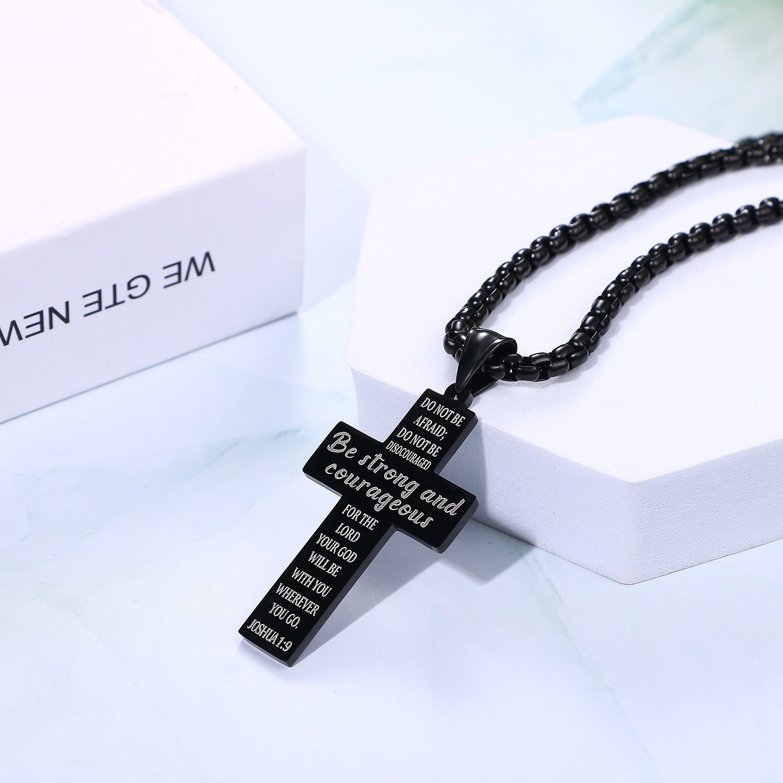 Mens Boys Inspirational Black American Flag Cross Pendant Bible Verse Necklace