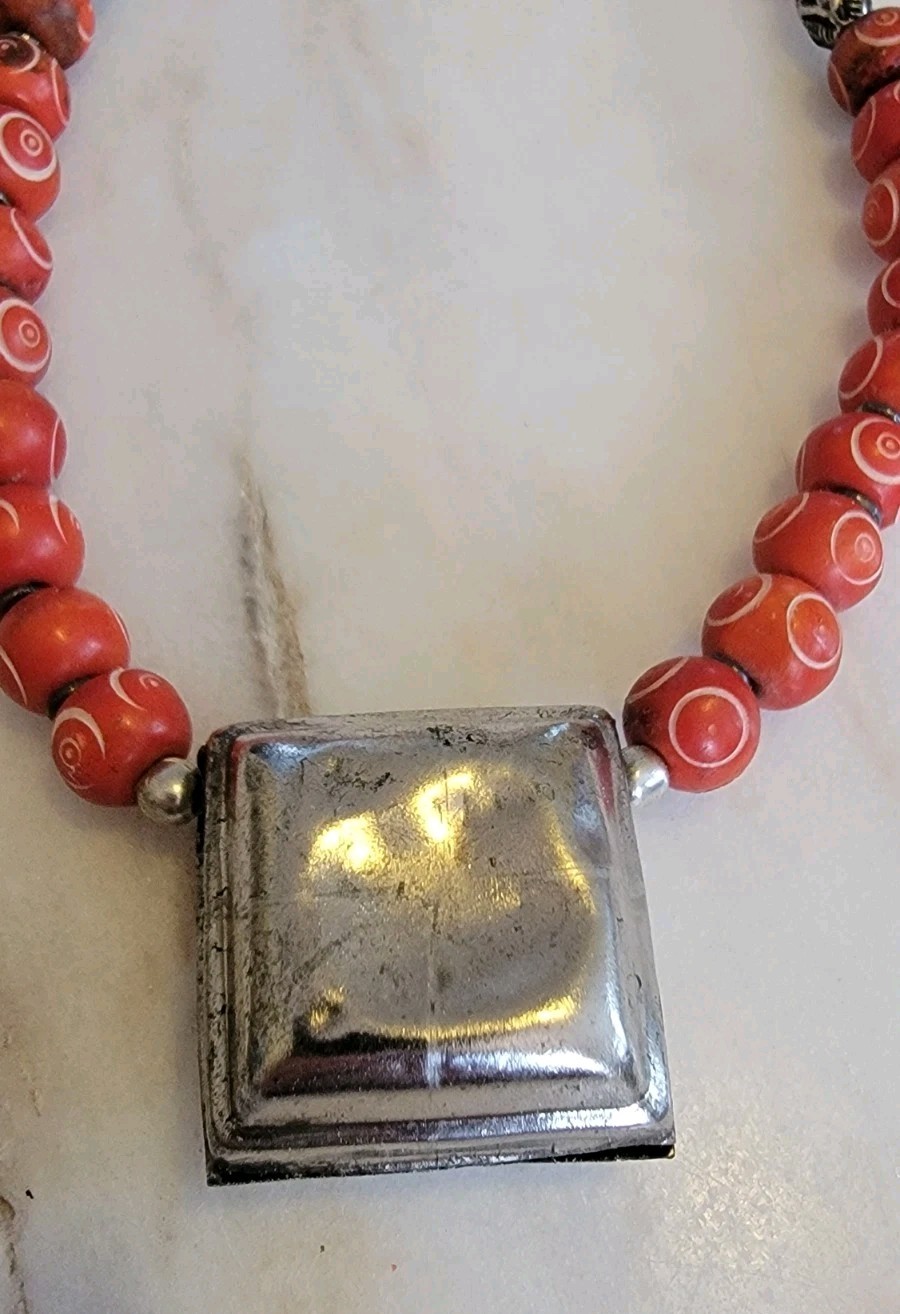 Tibetan Ghau Prayer Box Amulet Necklace Red Coral Hand-Carved Spiral Beads