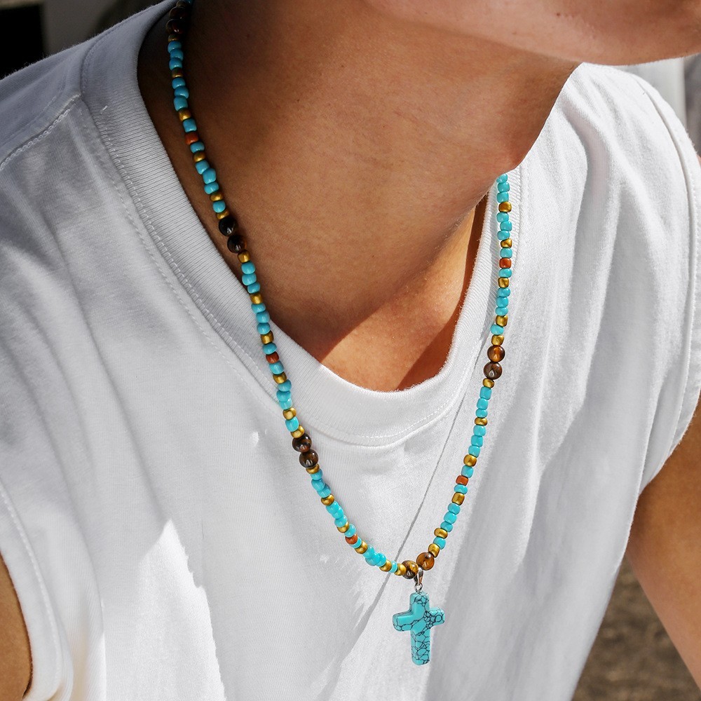 Turquoise Beaded Cross Necklace for Men Handmade Boho Jewelry Adjustable Chain