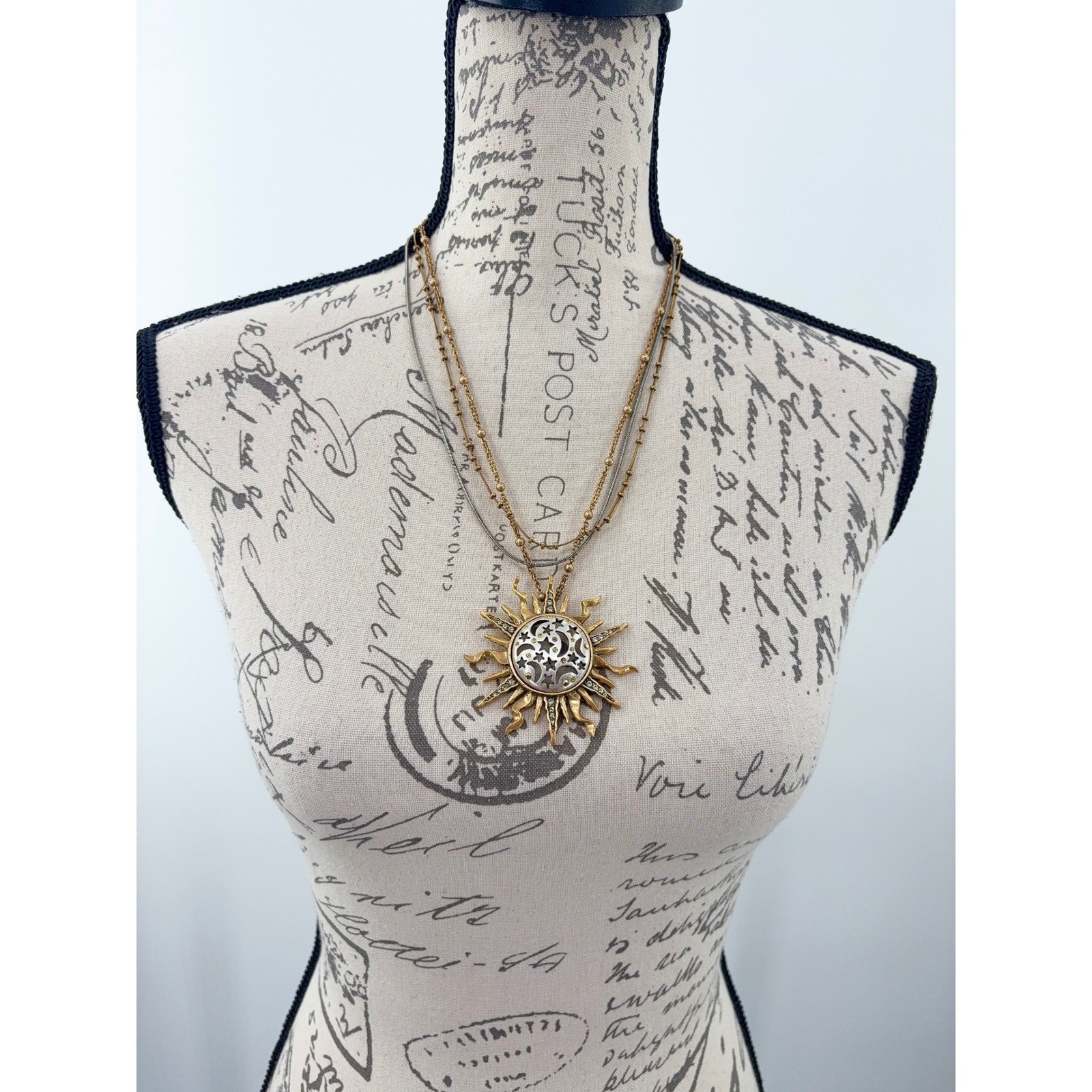 Chico’s Sunburst Pendant Necklace Two Tone Multi Strand Sun Moon Star Celestial