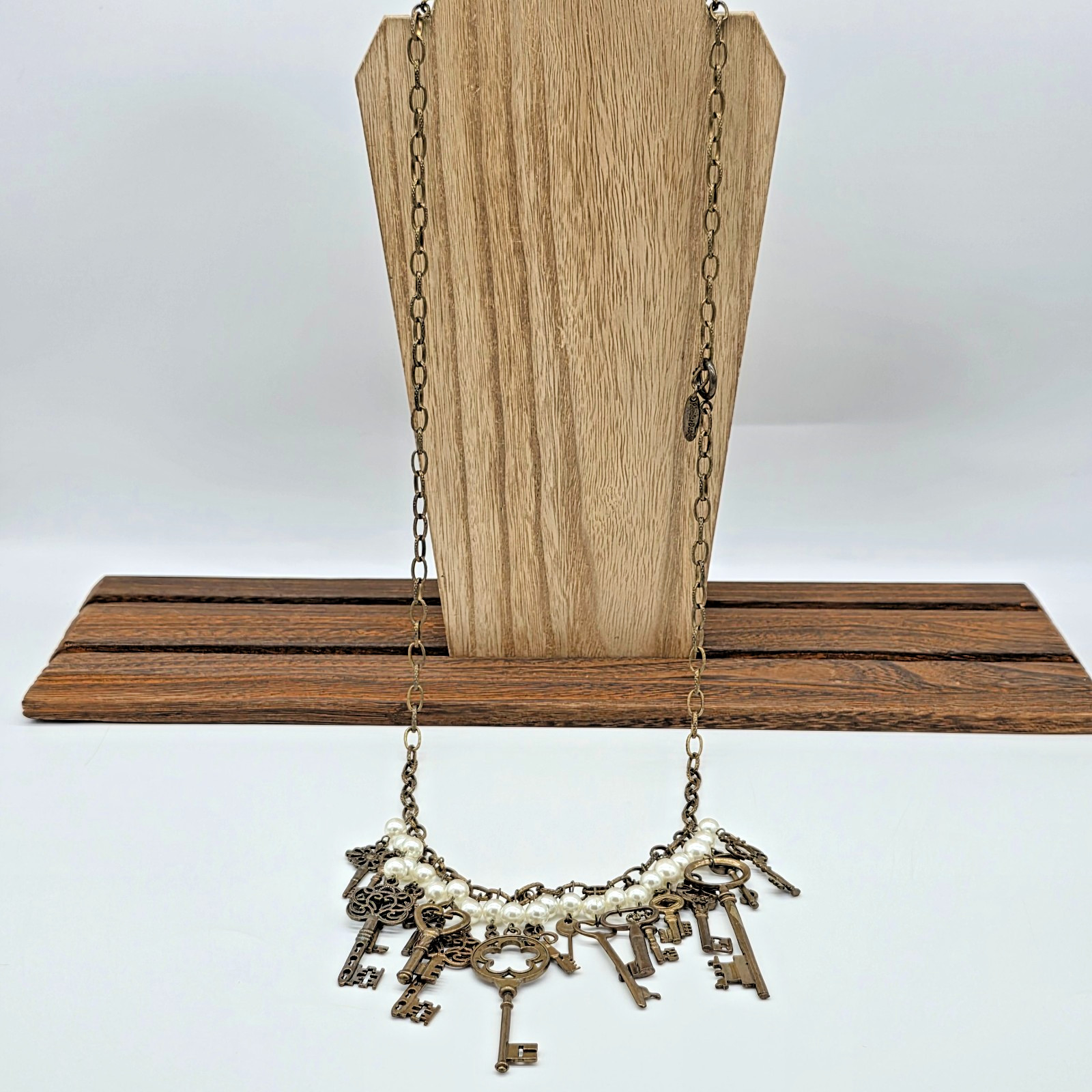 Plunder QUINCY Antique Bronze Fringe Necklace Pearls Brass Skeleton Keys 36”