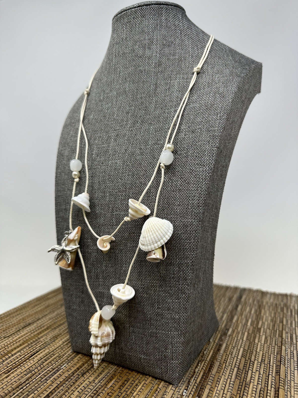 Boho Beach Adjustable Seashell Necklace w/ Starfish Charms & Beads 22-26″