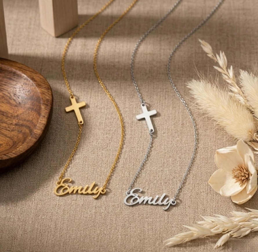 Custom Sideways Cross Necklace Personalized Cross Name Necklace Baptism Gift