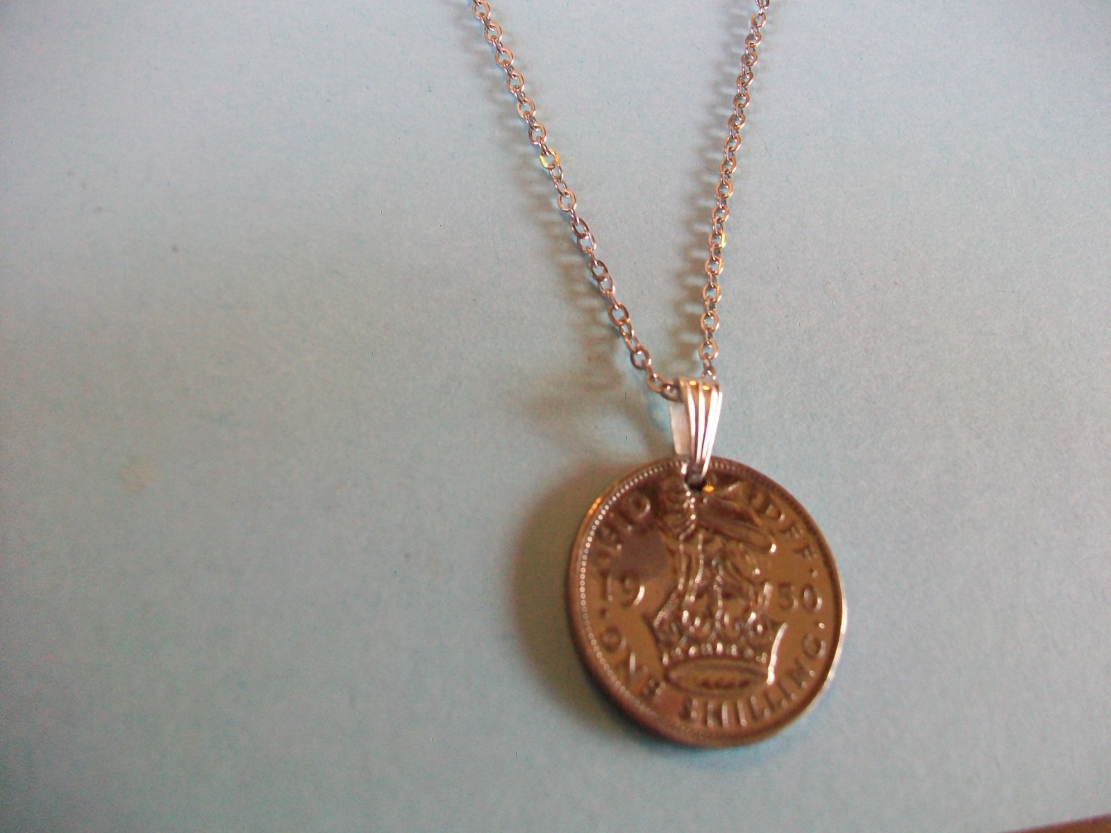 SHILLING COIN – ENGLISH – SILVER FINE LINK CHAIN PENDANT NECKLACE – 1948 to 1951