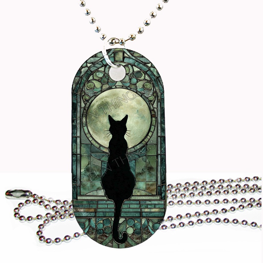 Faux Stained Glass Art Print Moon & Cat Dog Tag Necklace Military Size Dog Tag