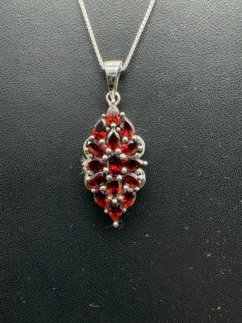 Natural Red Garnet Floral Cluster Pendant, Sterling Silver Statement Jewelry