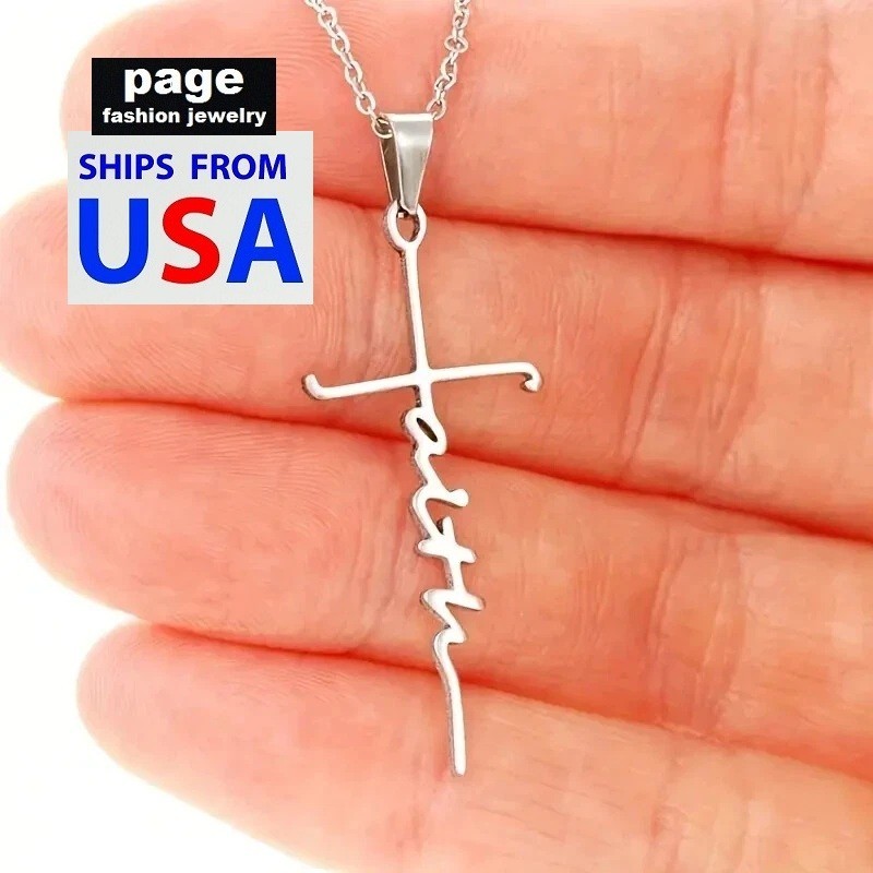 Stainless Steel 1-1/4″ (Faith) Cross Pendant – 18″ Chain Necklace