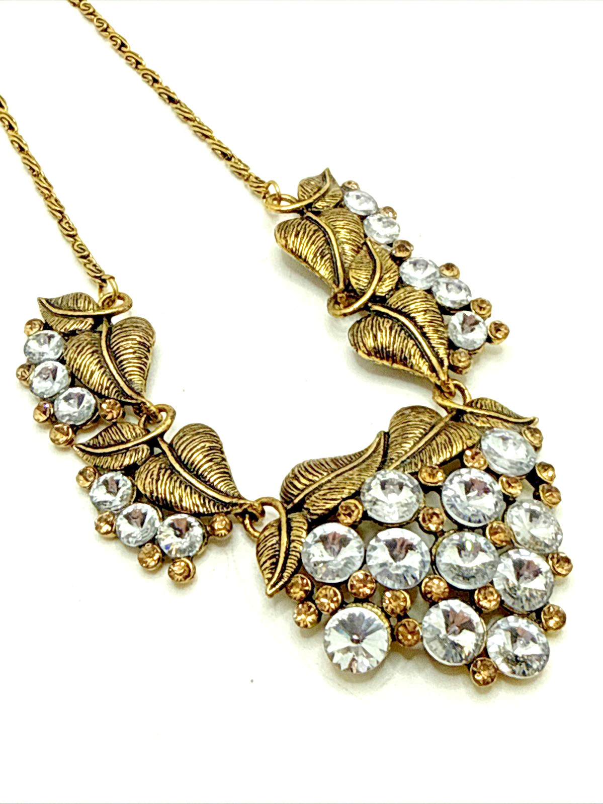 Clear Crystal Cluster Floral Bib Necklace Gold Tone Rivoli Rhinestone Statement