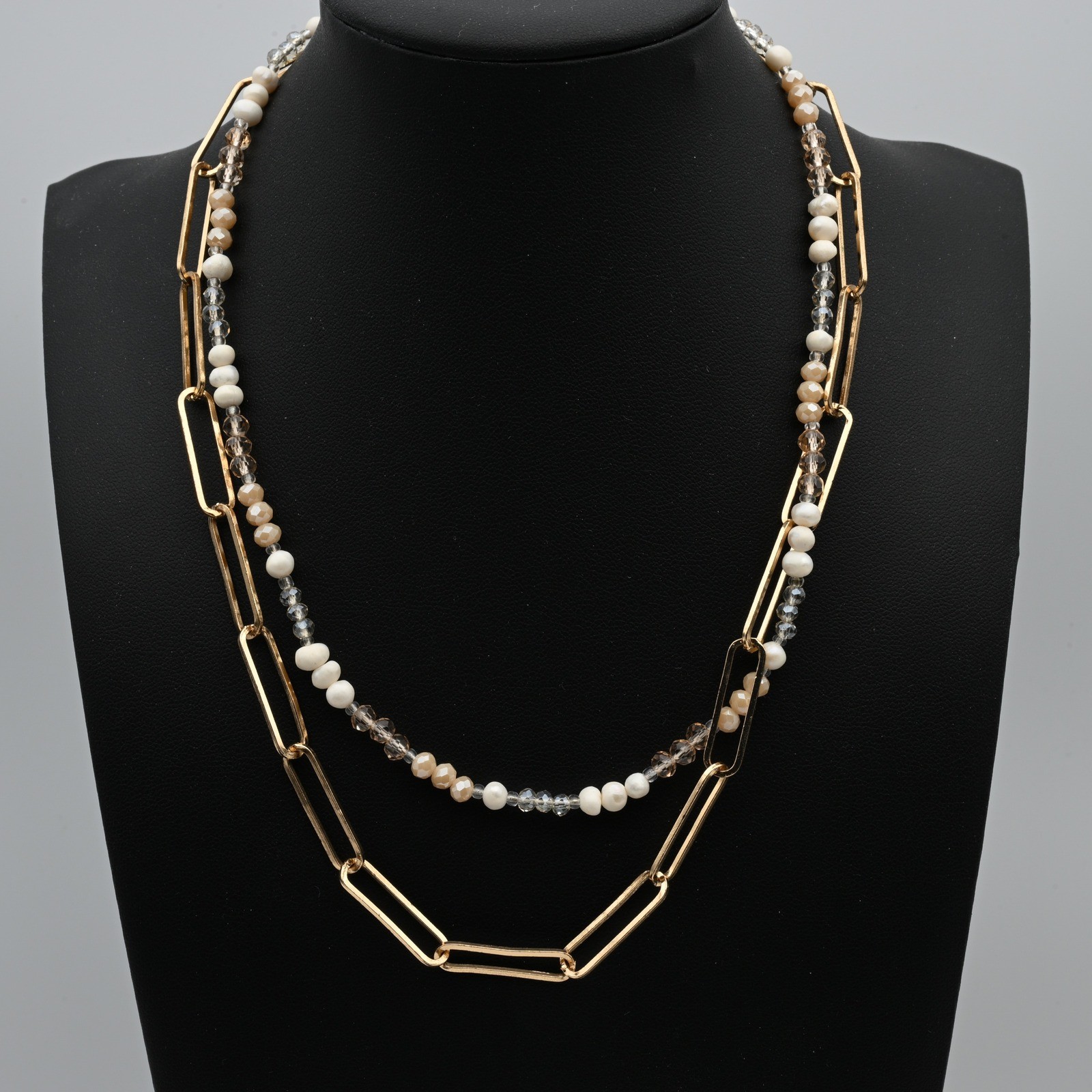 Gold Tone Paperclip Chain Faux Pearl Crystal Toggle Clasp Necklace Asymmetrical