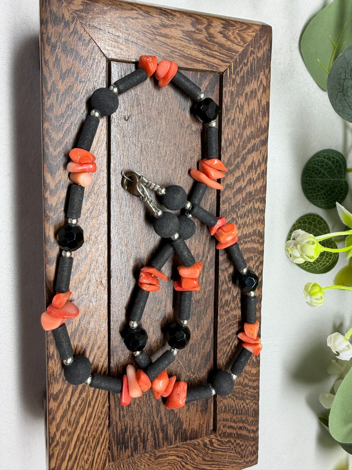 Vintage Coral, Lava Rock & Glass Beaded 18″ Necklace 16g Boho Retro Quirky