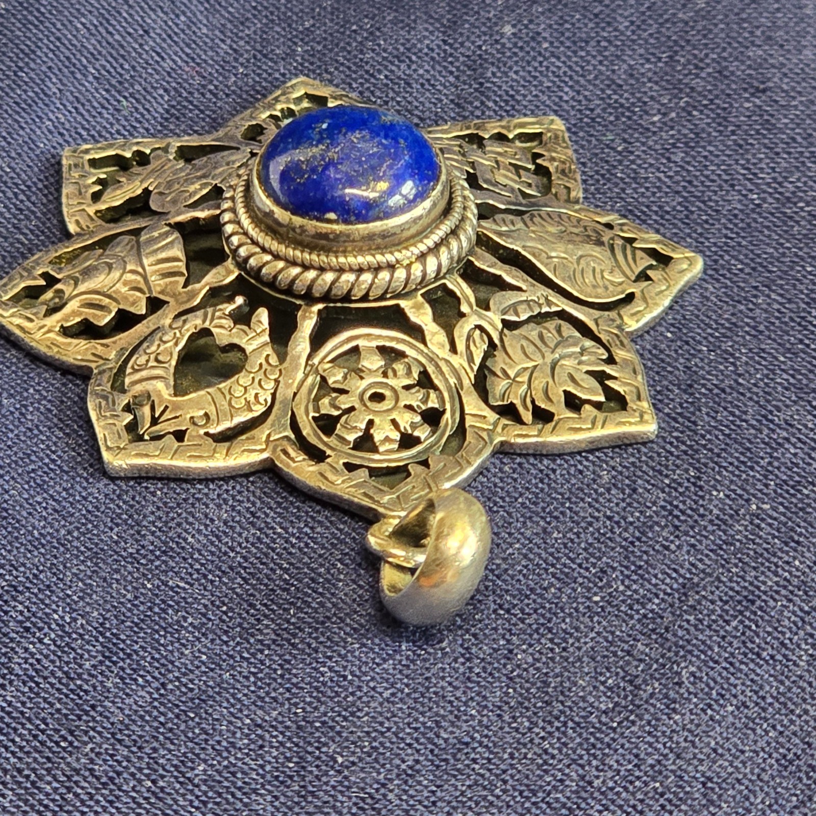 Sterling Silver Pendant 14.93g Jewelry Lapis Look Nepal Symbols Charm *READ*