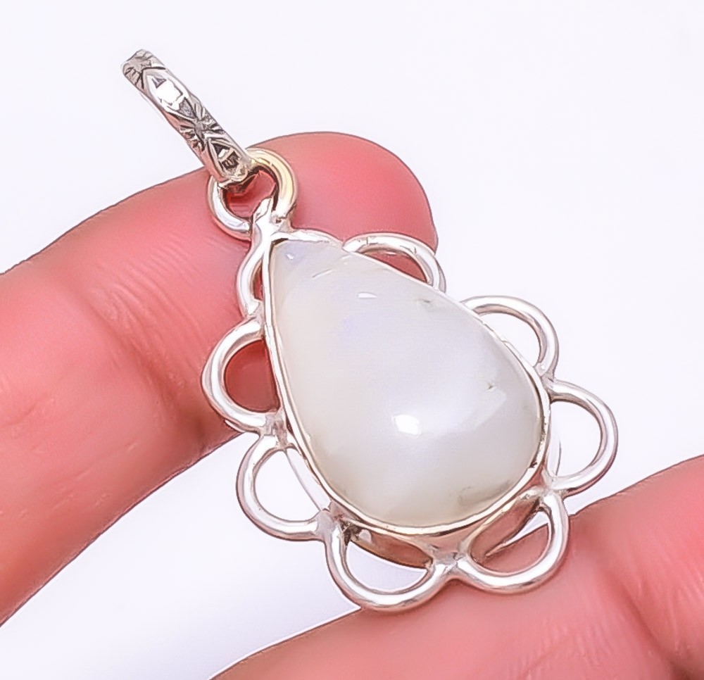 Natural Rainbow Moonstone – Bihar Gemstone 925 Silver Plated Pendant 1.76″ M1