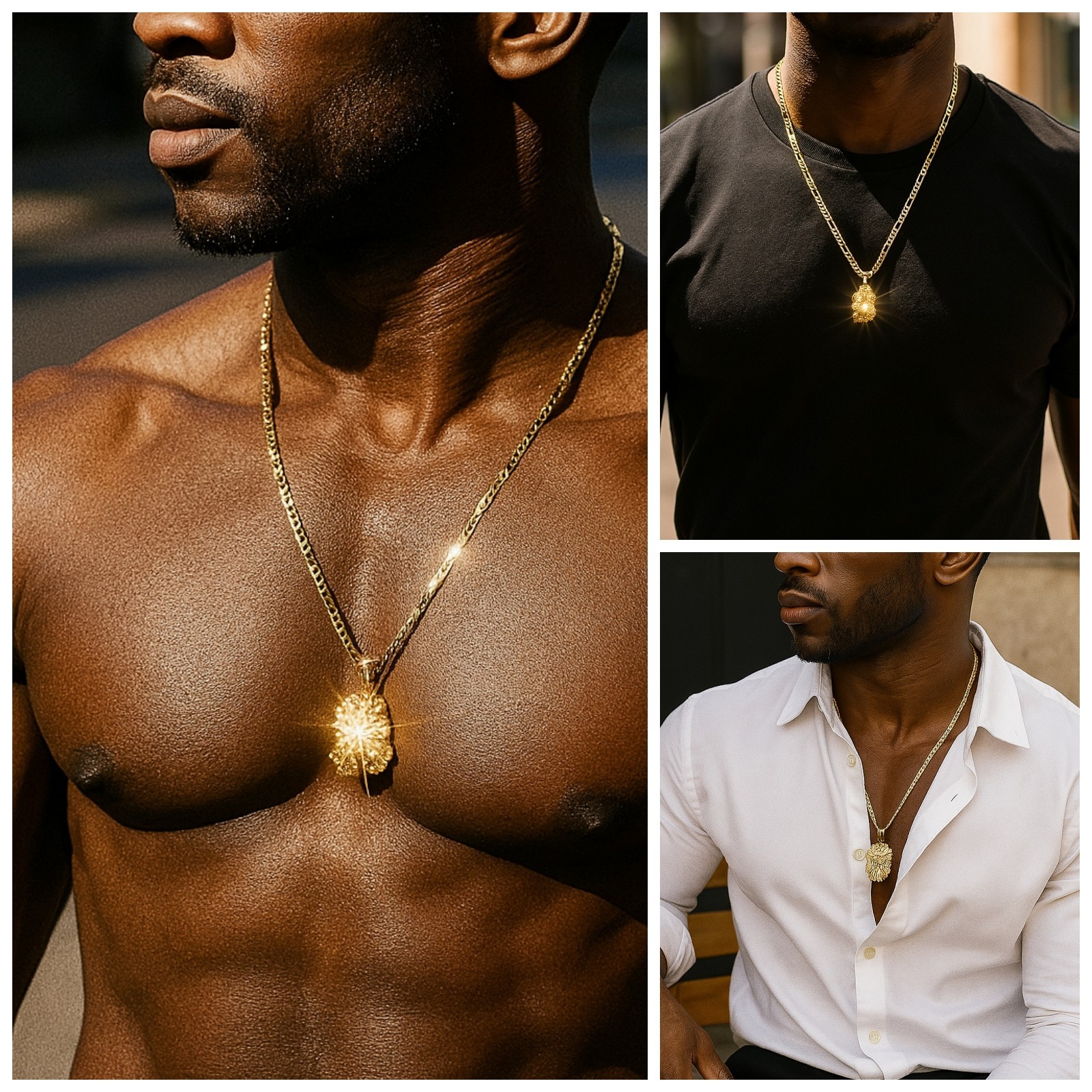 Mens 14K Gold Plated Nugget Pendant Hip-Hop 5mm/24″ Figaro Chain