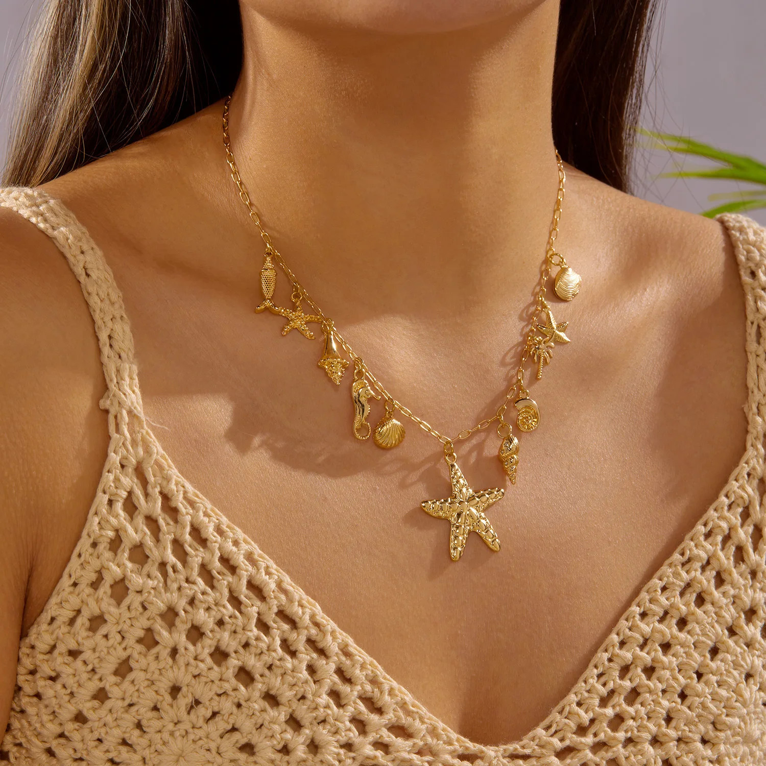 Boho 2 Layer Baroque Pearl Chain Necklaces Gold Plated Seashell Starfish Conch P