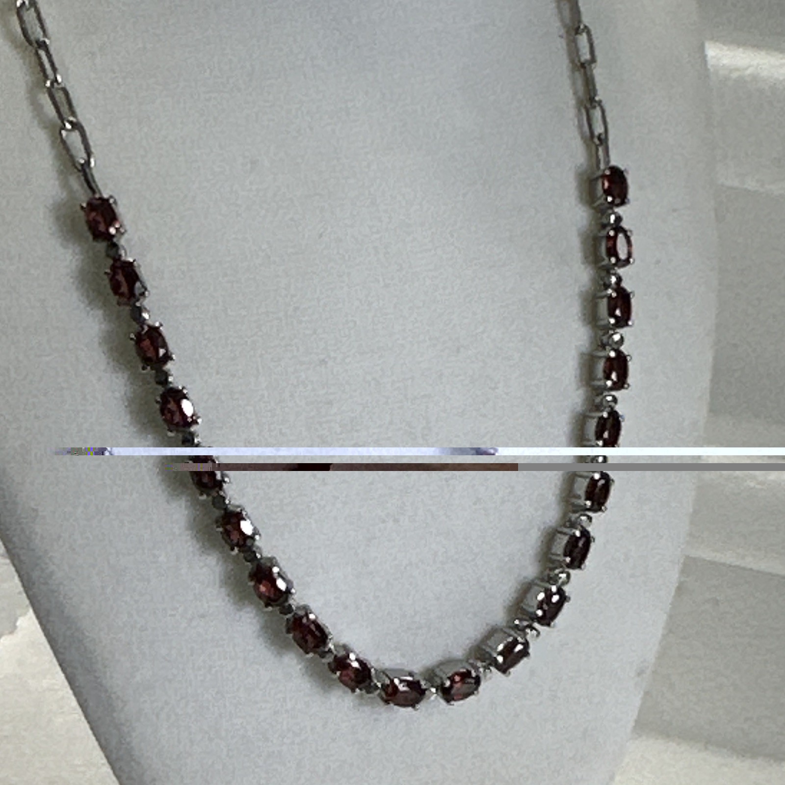 Stainless Steel Station Bar Link Necklace Red Oval Stones Prong Lobster Clasp