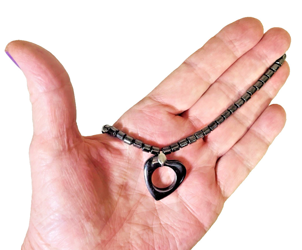 NEW! Natural Hematite HEART PENDANT 18″ Necklace OPEN HEART