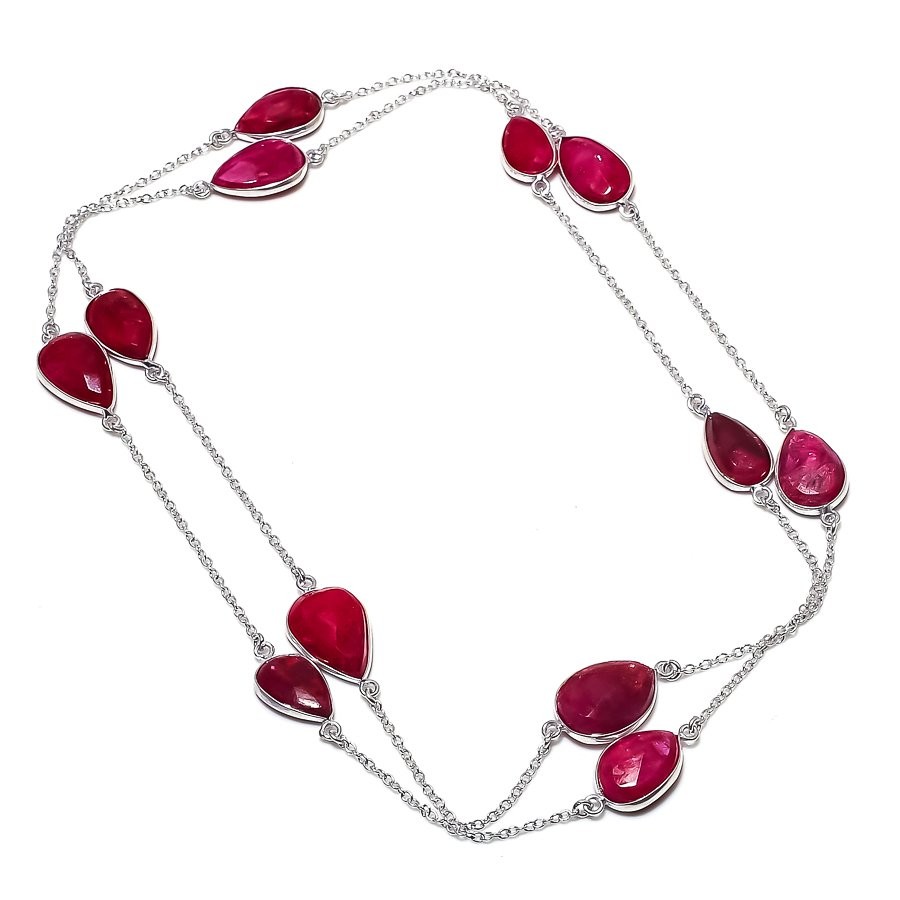 Kashmiri Ruby Gemstone Necklace Handmade Beautiful Pear Shape Chain Jewelry 36″