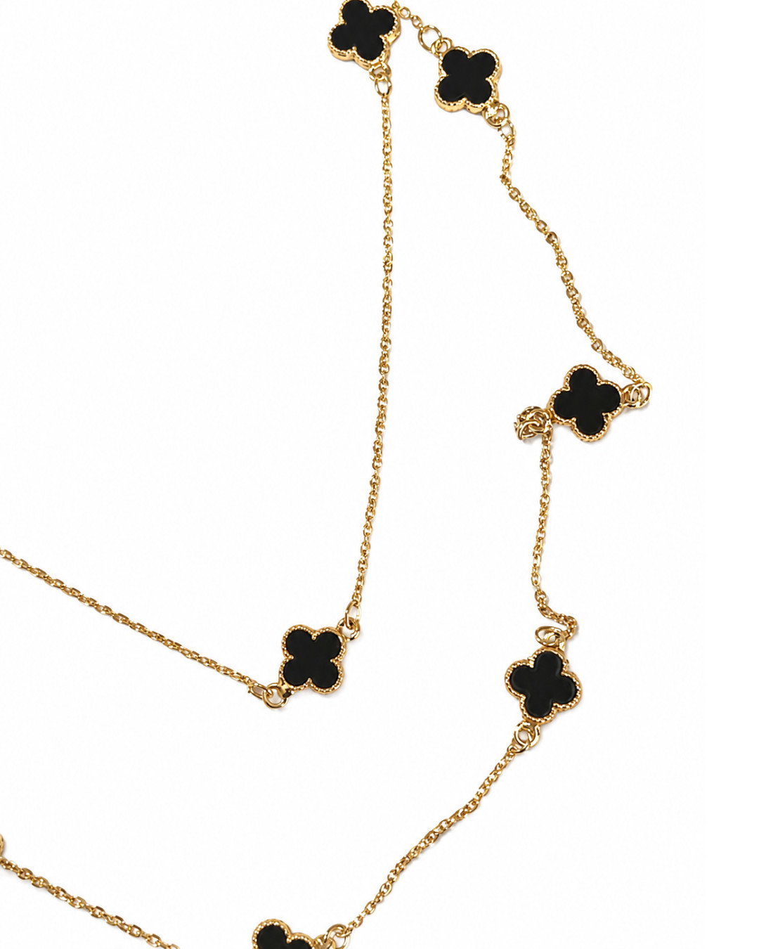 Gold Tone Clover Station Necklace 16 Black Motifs Long Layered Chain 65cm