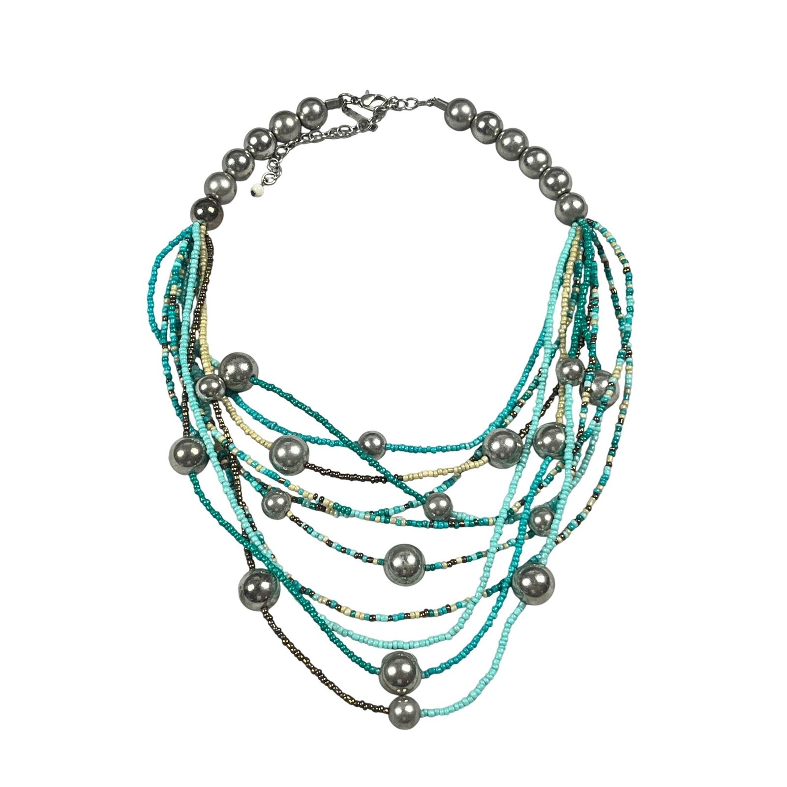 Lane Bryant Turquoise Multi Strand Seed Bead Statement Necklace Silver Spheres