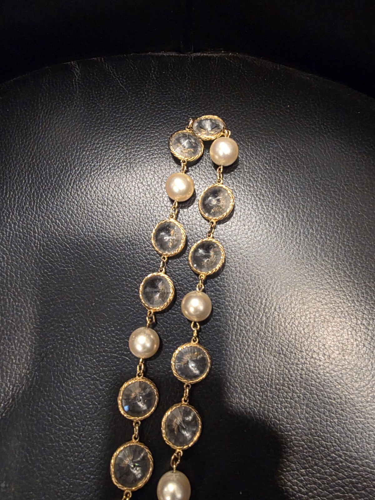 French Fancy Bezel Set Double Point Crystal & Glass Pearl Rope Necklace 32″ L