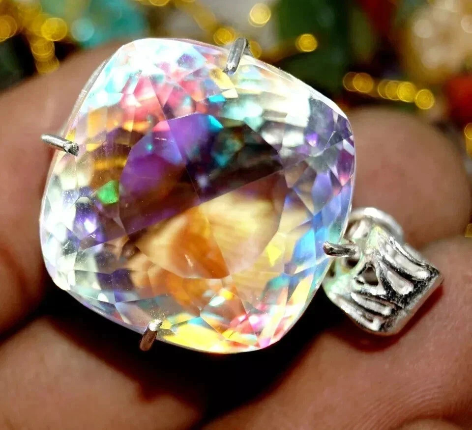 55 CT+ Flawless Rainbow Fire Mystic Topaz Pendant 925 Sterling Silver Plated
