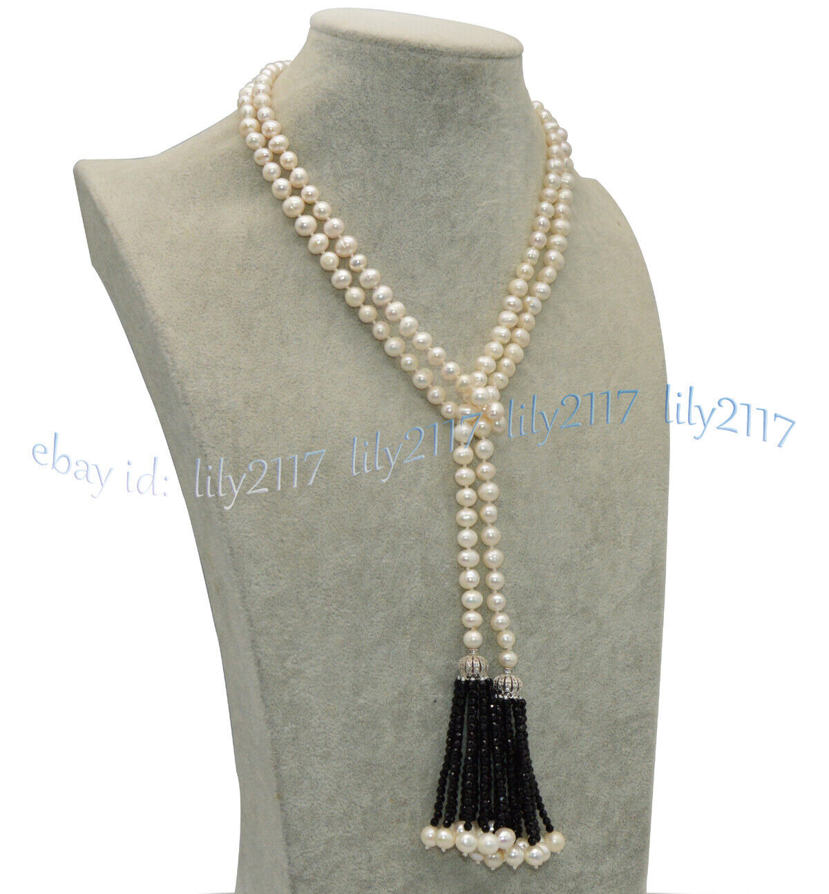 7-8mm Natural White Freshwater Pearl Black Spinel Tassel Pendant Scarf Necklace