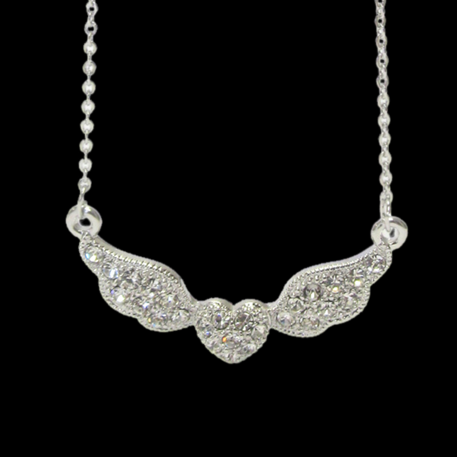 Crystal Heart and Wings Pendant Necklace White Gold