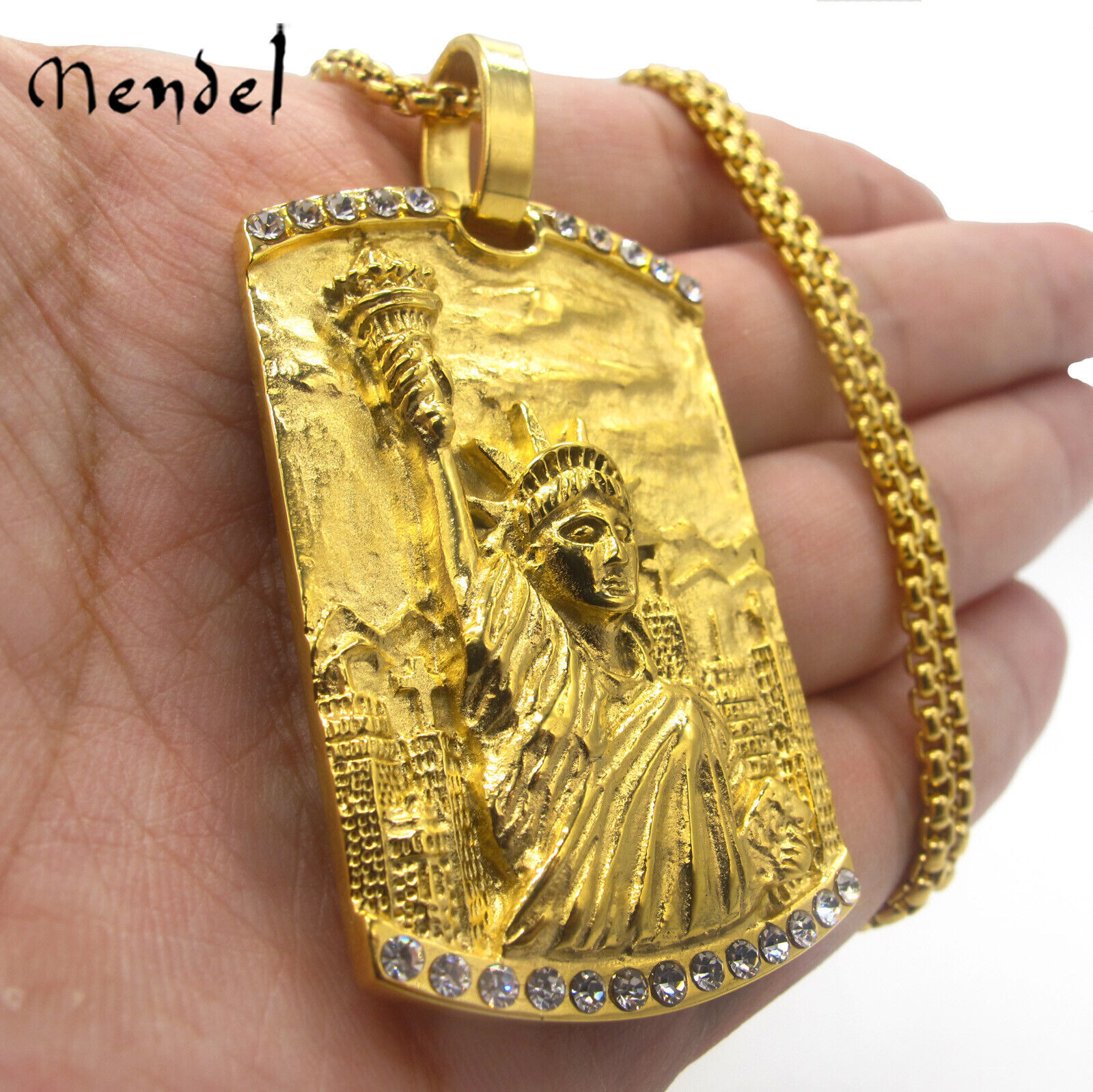 MENDEL Mens Gold Plated Nugget Statue Of Liberty Hip Hop CZ Pendant Necklace Men