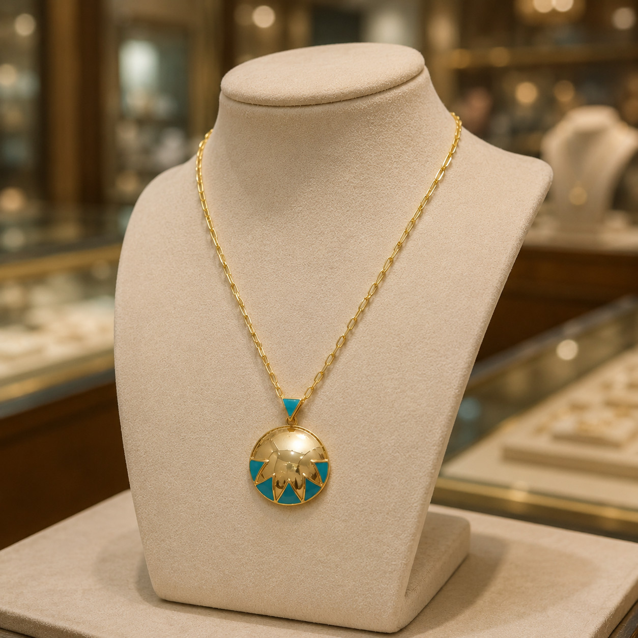 turquoise Enameled Necklace Brass Metal Pendant necklace for gift