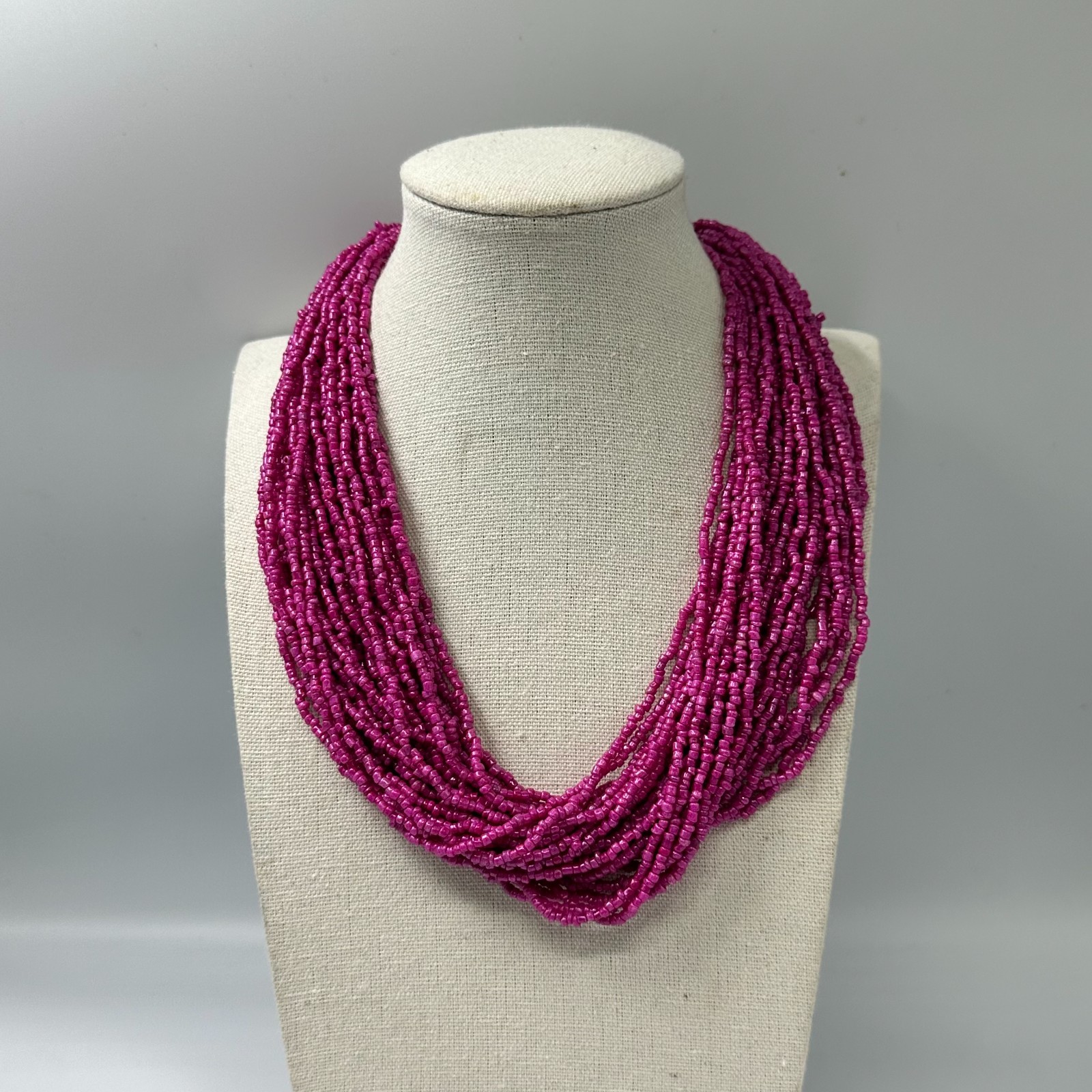 Fuchsia Pink Seed Bead Necklace Silver Tone Multi Strand Boho 14 Inch