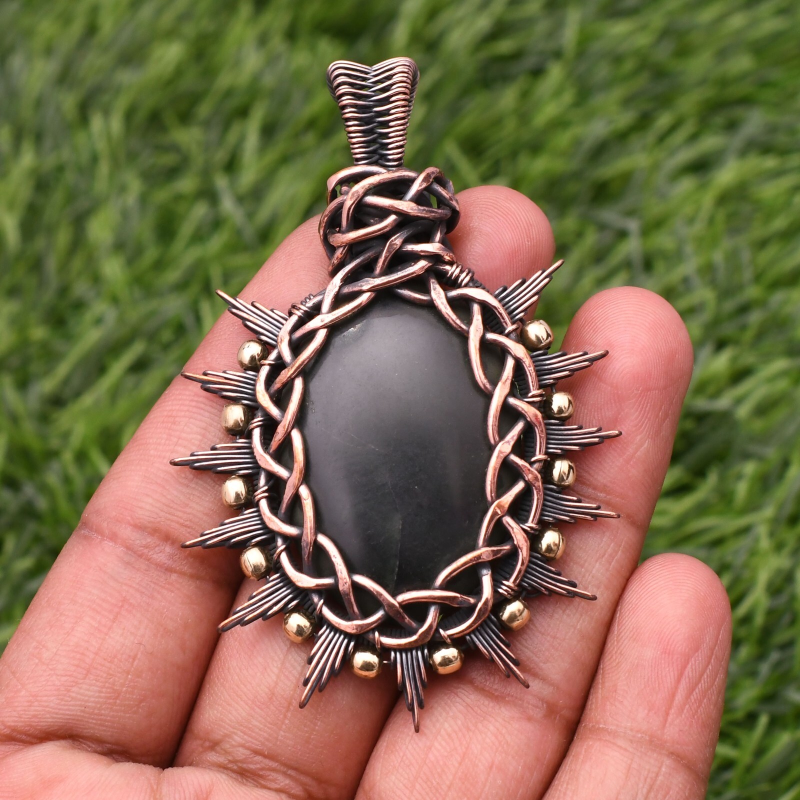 Serpentine Gemstone Copper Wire Wrap Handmade Jewelry Pendant 2.28″