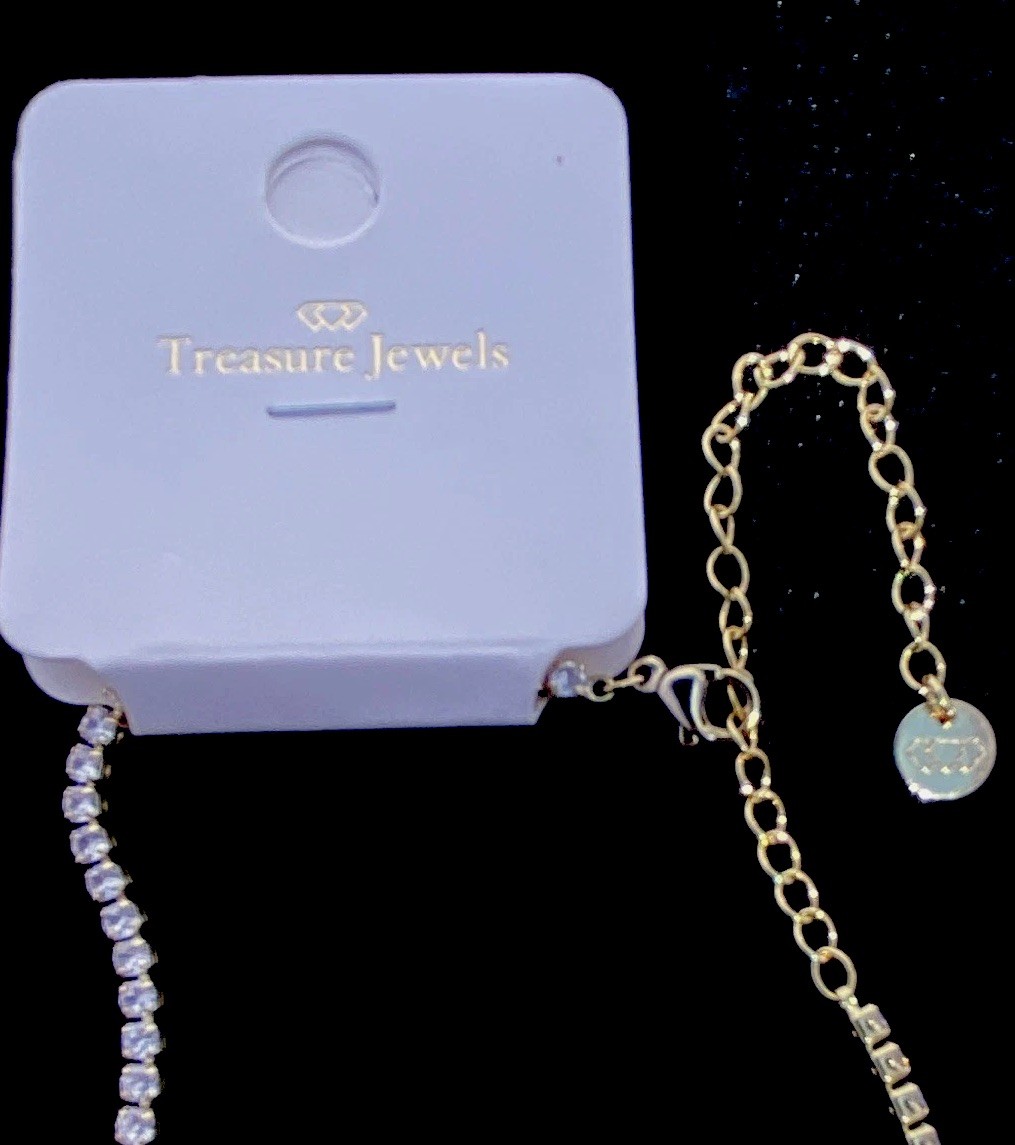 Treasure Jewels Gold Tone 5 Clover Station Necklace White Pavé CZ Alhambra Style