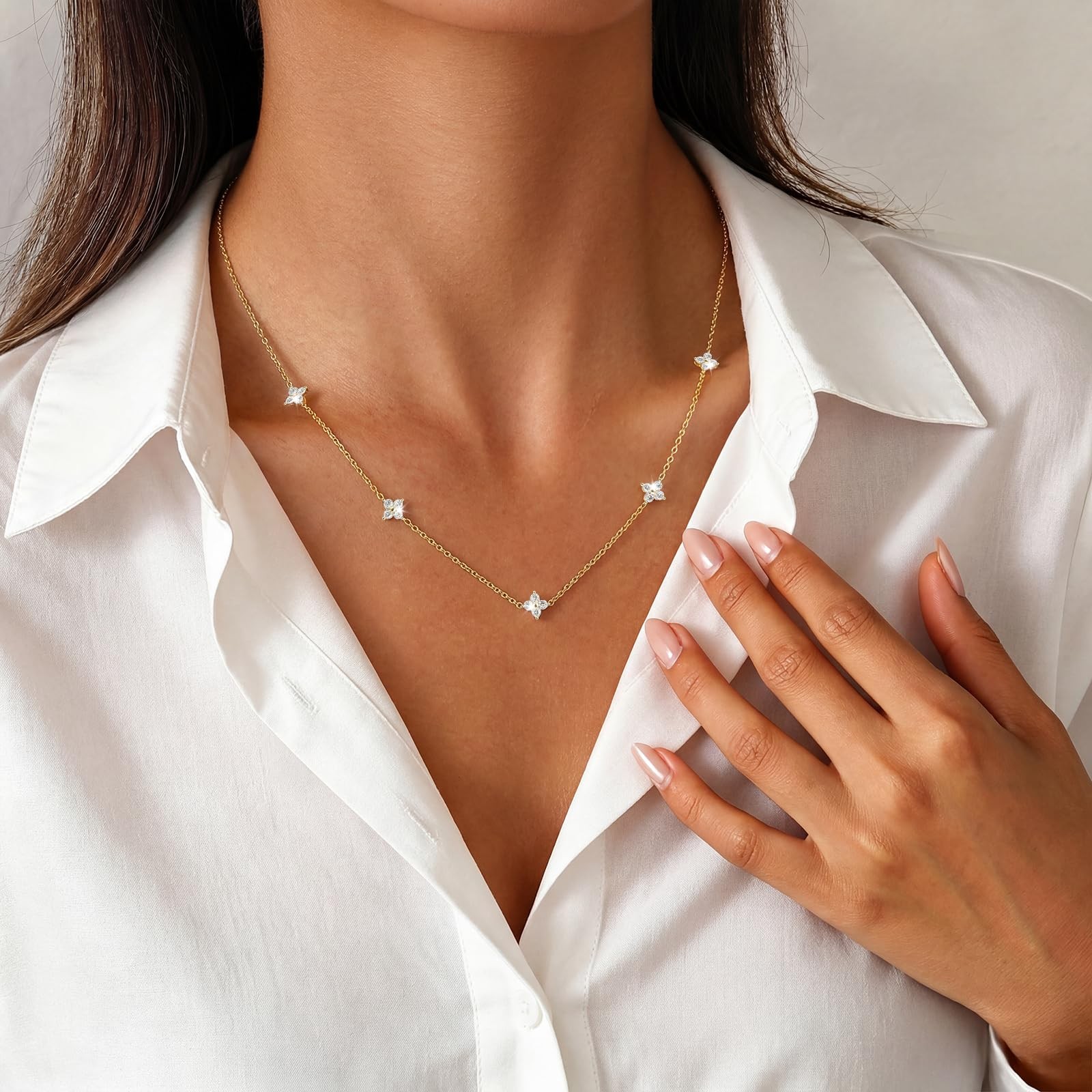 POAIIU Dainty Gold Necklace for Women, 14K Medium, Station flower gold