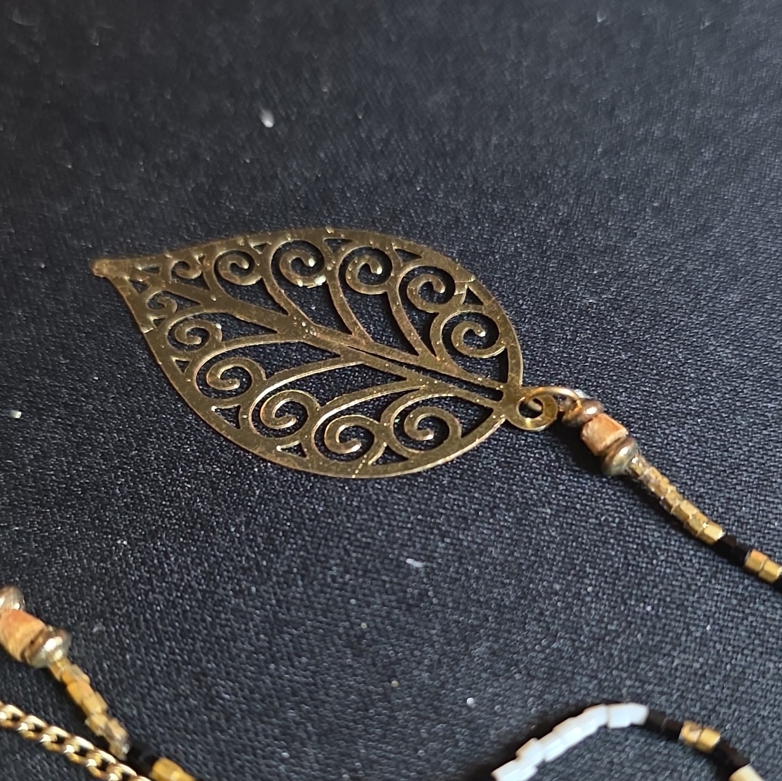 Gold Tone Beaded Layered Necklace Leaf Charm Pendant Coin Charm Cable Chain