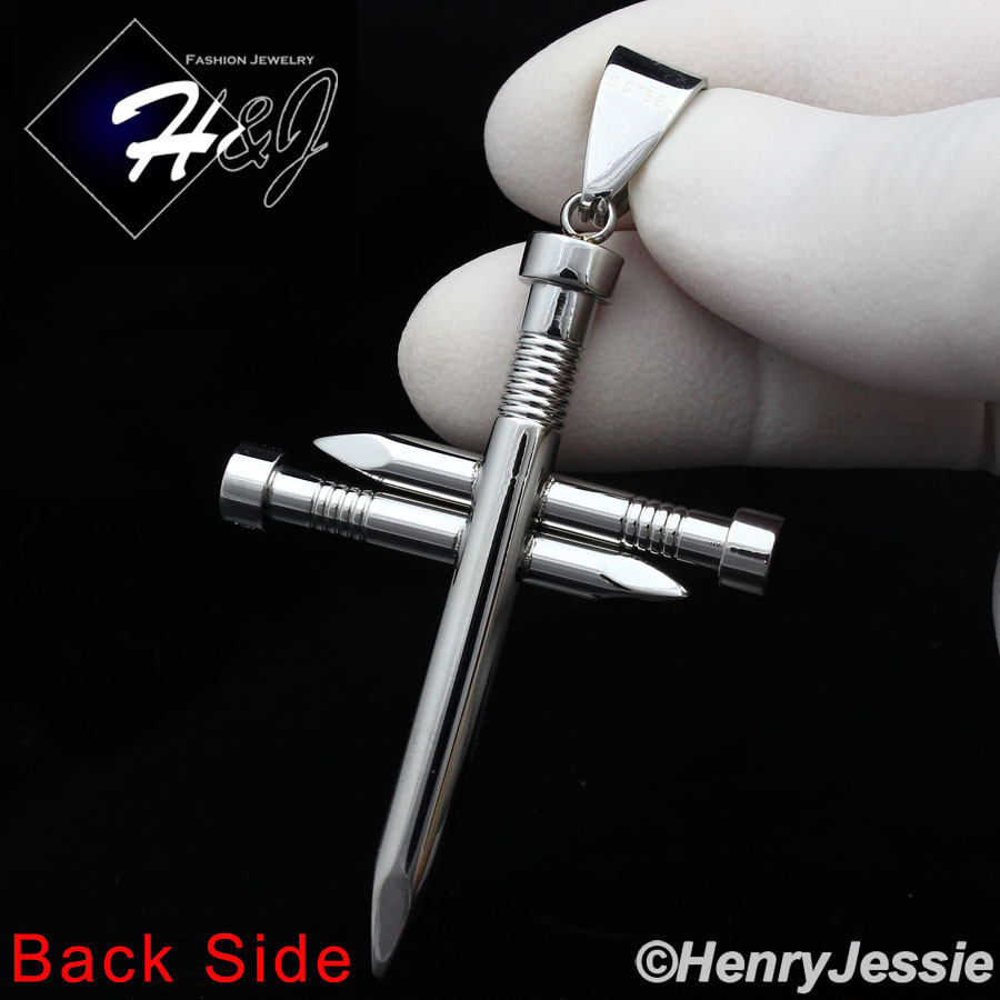 MEN’s Stainless Steel Silver Bling Cubic Zirconia Nail Cross Charm Pendant*P104