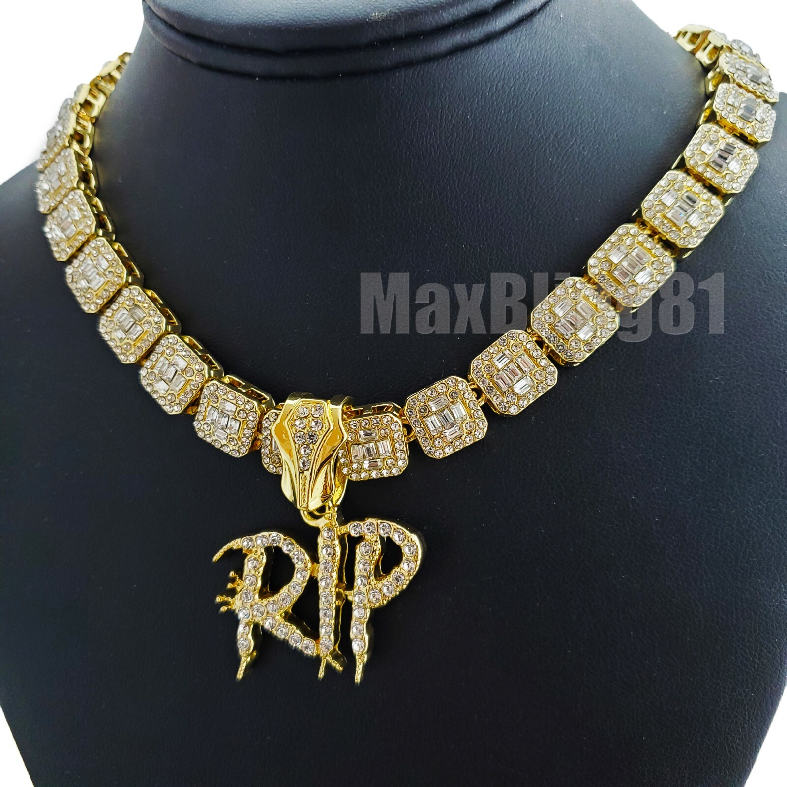 RIP Rest In Peace Pendant & 12mm 16″ 18″ Iced Baguette Choker Chain Necklace