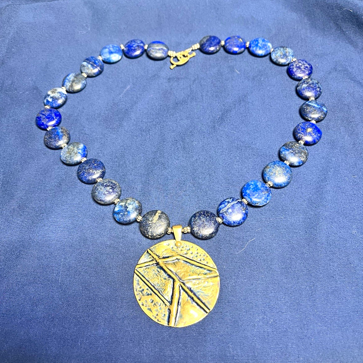 Lapis lazuli Chain Necklace with Round brass Charm Pendant Toggle