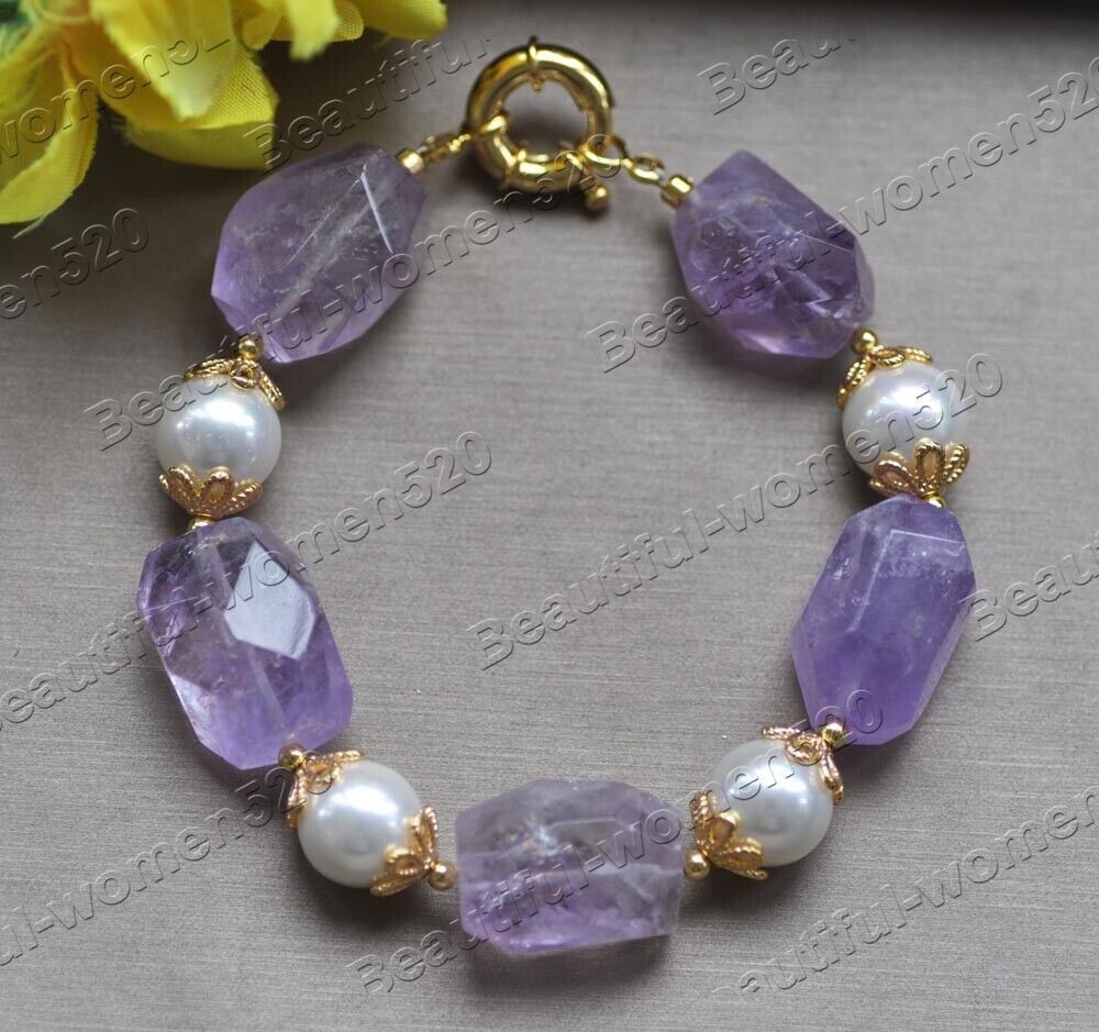 Set 20mm Lavender Cube Amethyst White Shell Pearl Necklace Bracelet
