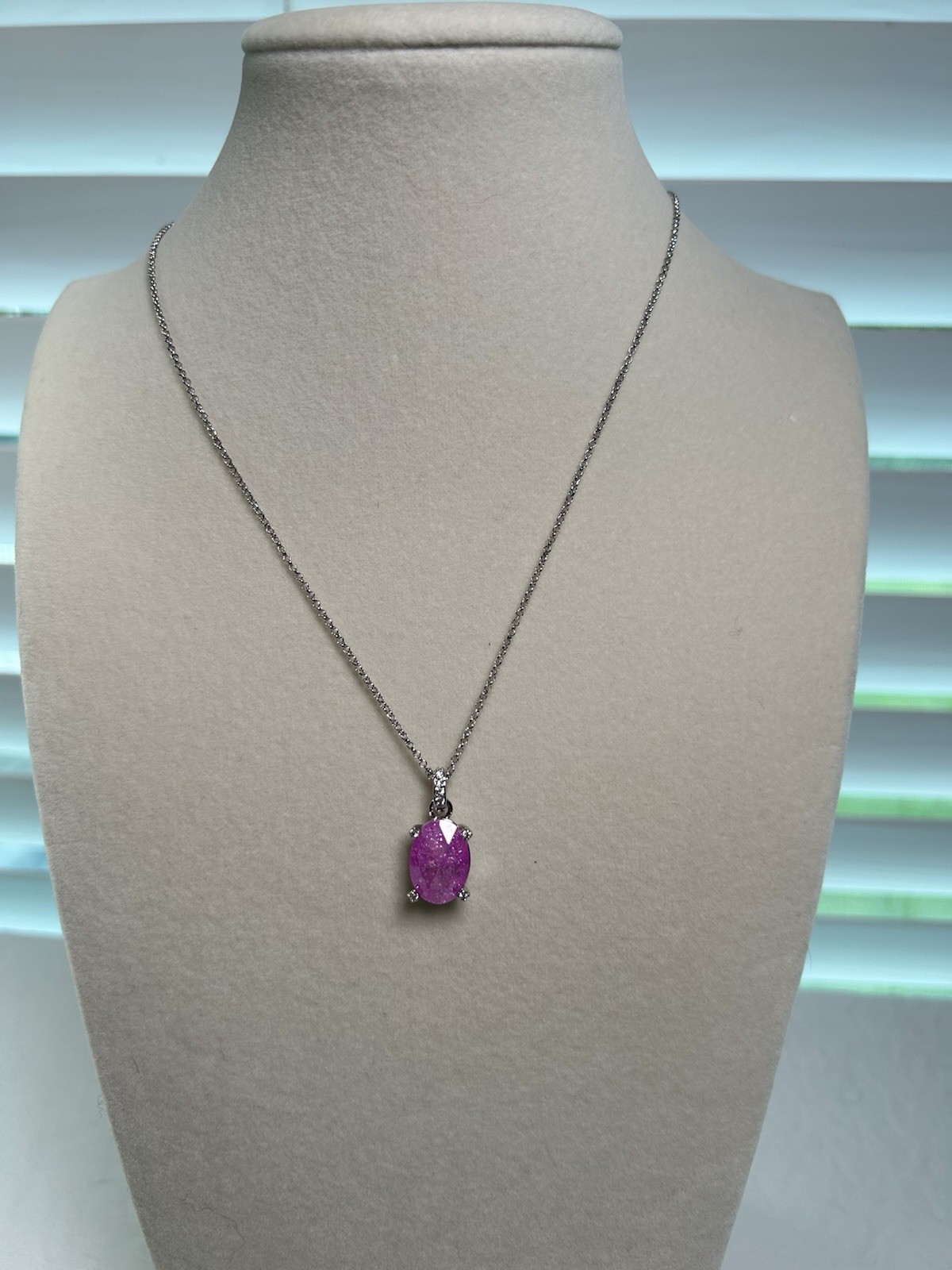 Rhodium Plated Cable Chain Necklace LC Oval Pink Ice Crystal Pendant Adjustable