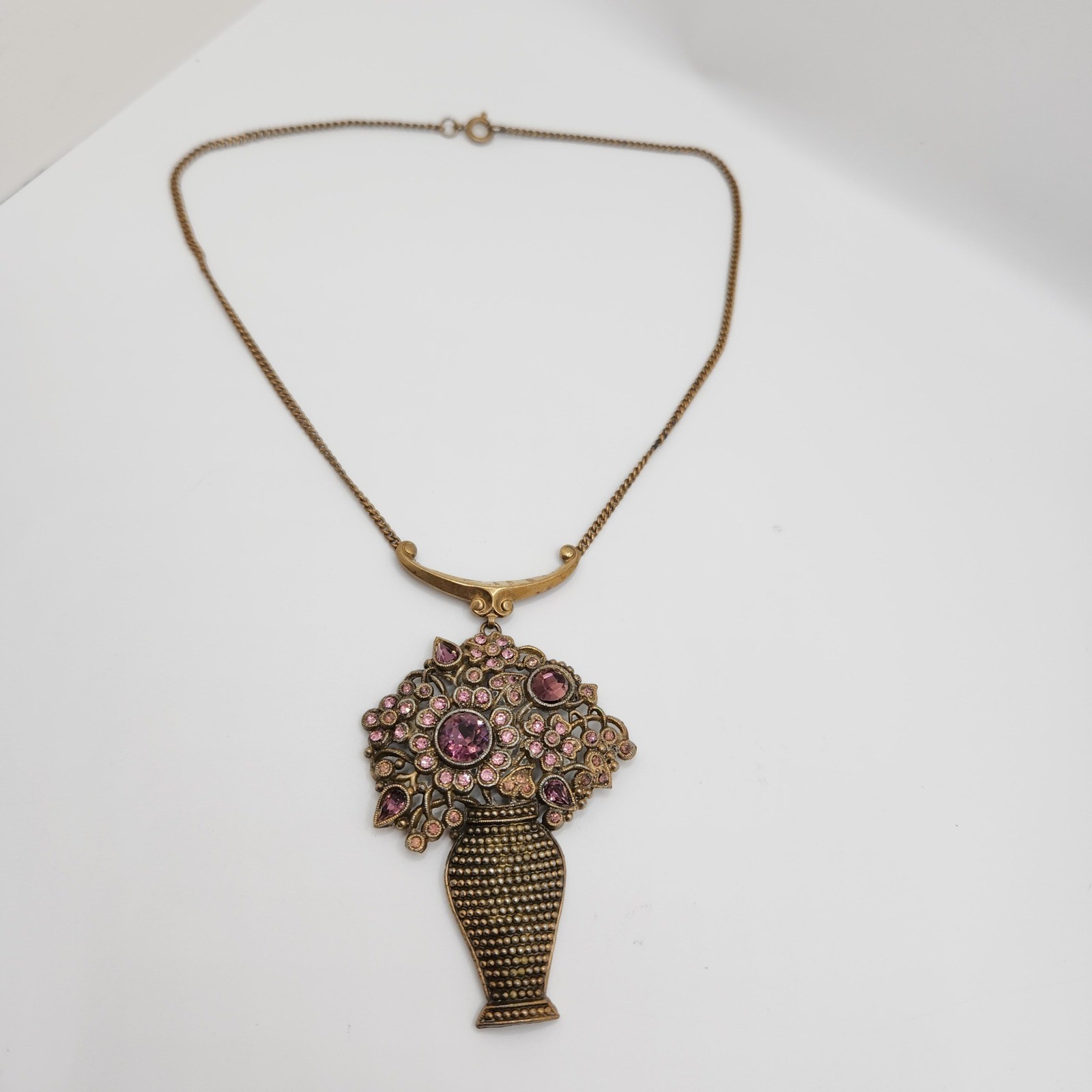 Vintage Floral Vase Pendant Necklace Purple Rhinestone Victorian Revival Gold