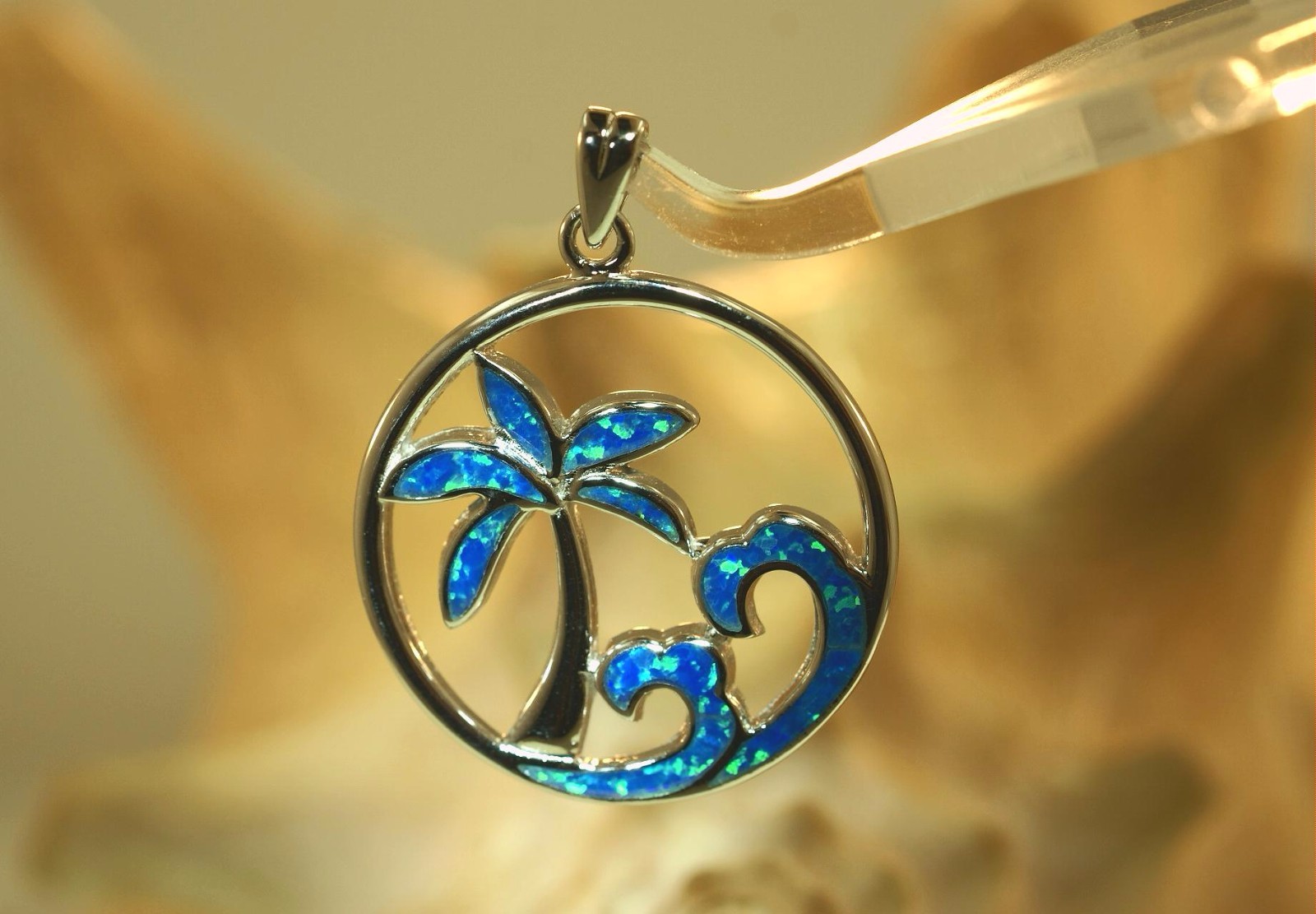 26mm Rhodium Plated 925 Silver Inlaid Blue Opal Hawaiian Palm Tree Waves Pendant