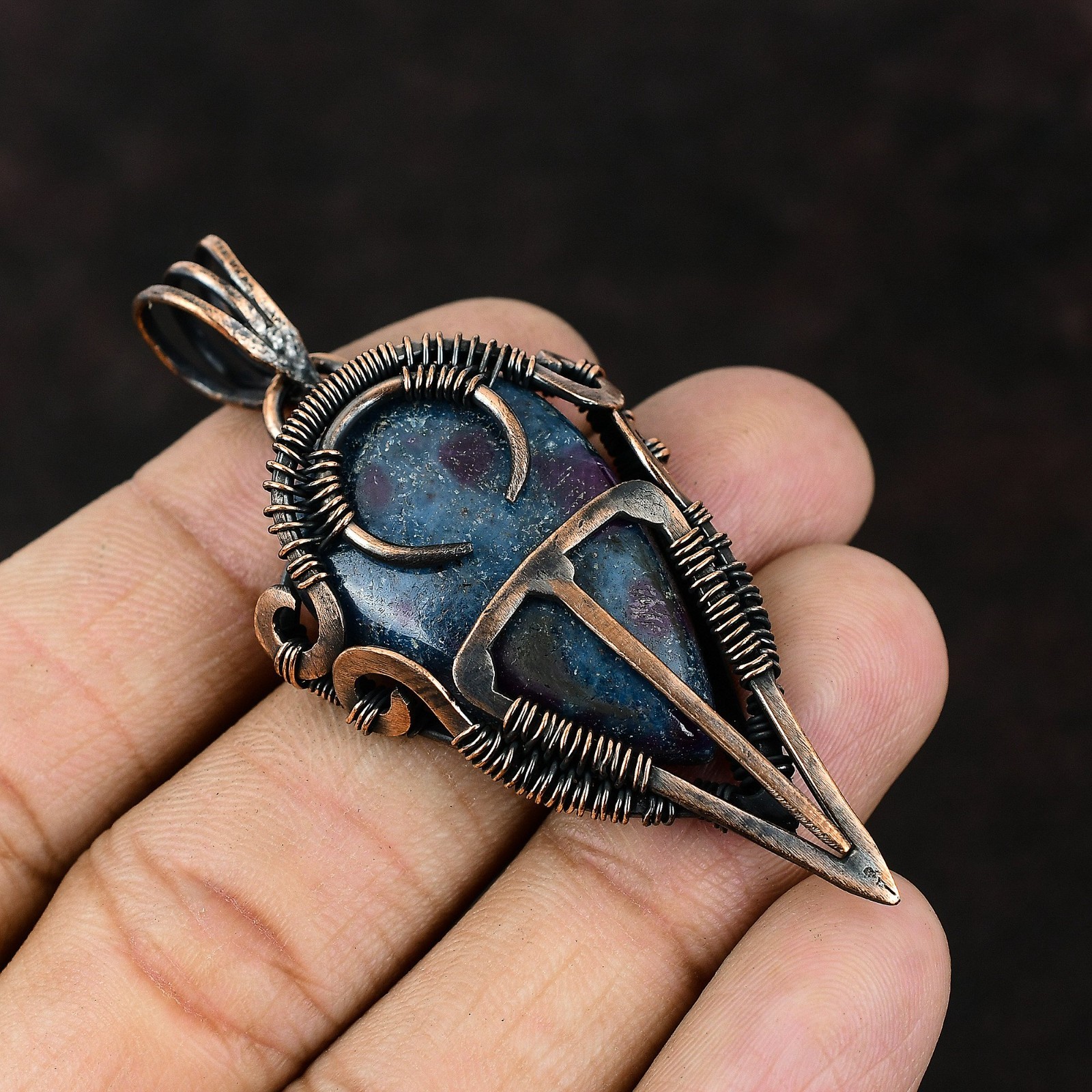 Halloween Deal Rubi In Blue Kyanite Gemstone Wire Wrapped Pendant Jewelry Copper