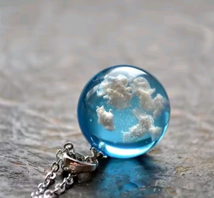Blue Sky White Cloud Resin Ball Pendant Necklace Round Chain Gift for Women