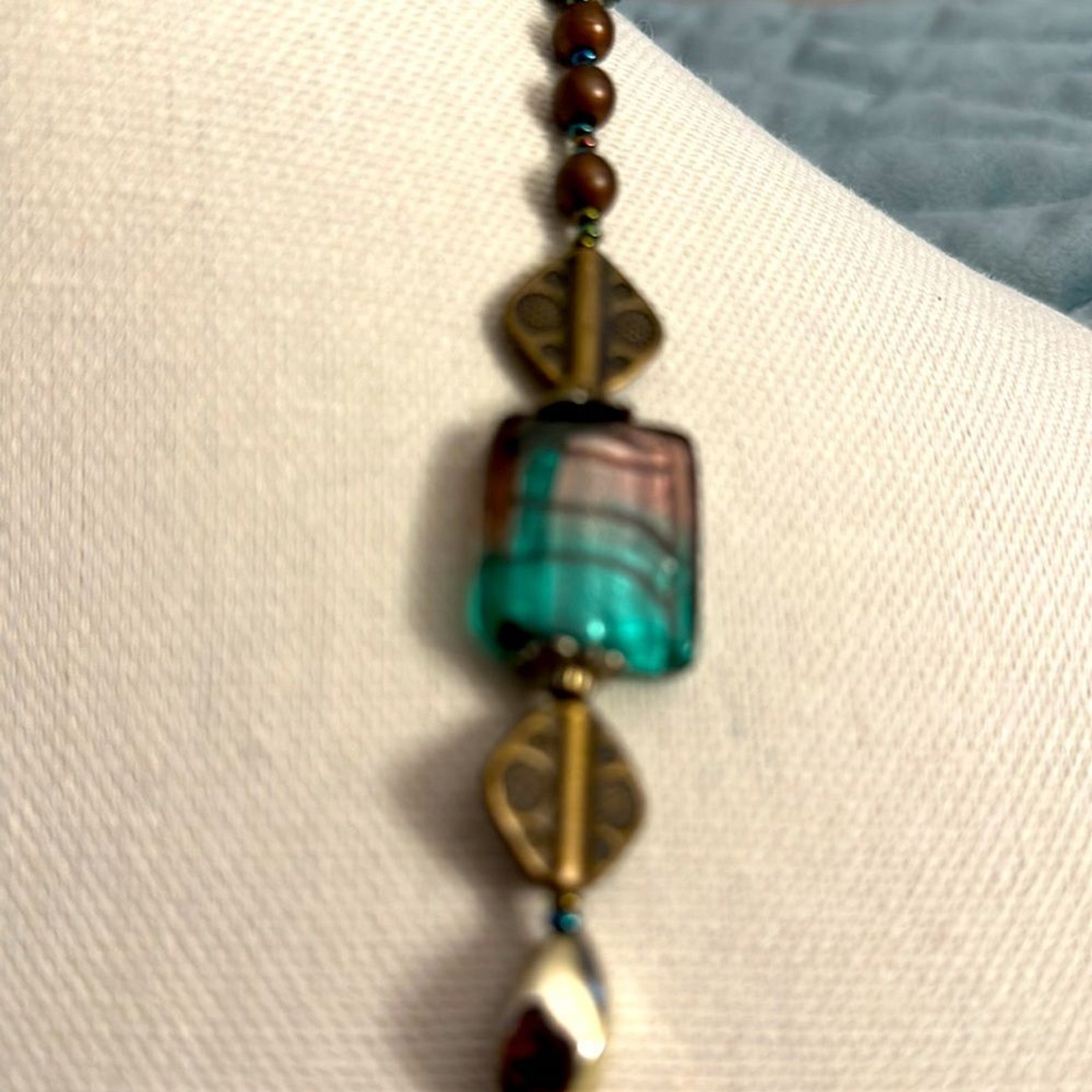 Women Beautiful bronze, glass blue green purple square beads 14 inch