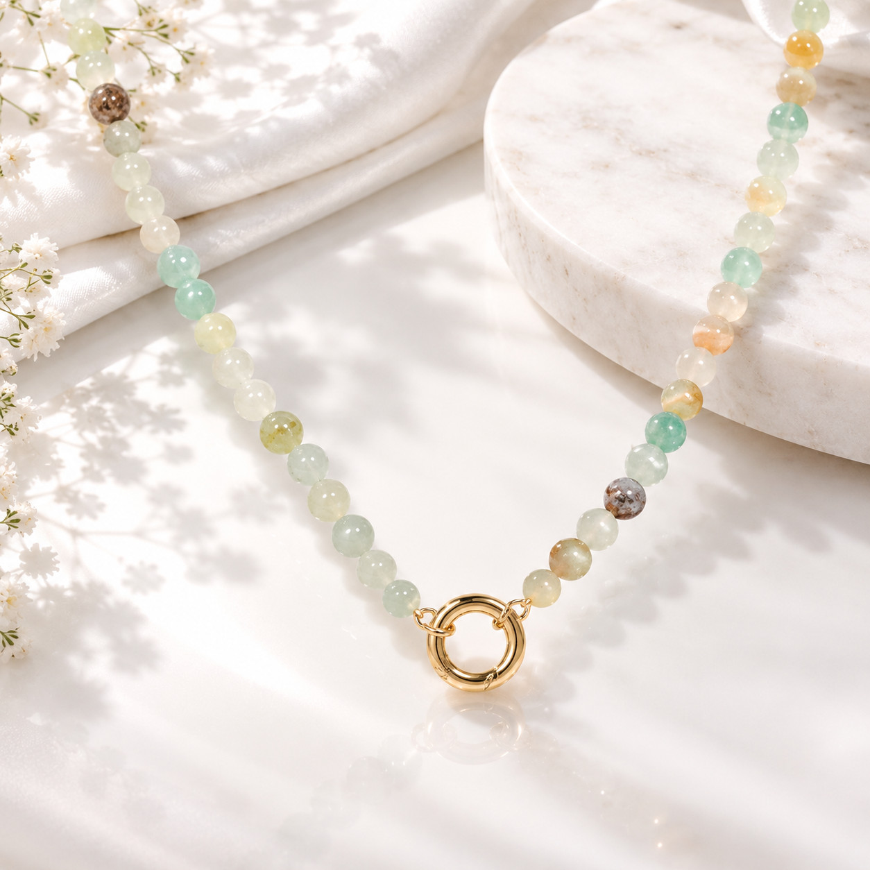 Multi Color Stone Bead Necklace 18K Gold Plated Charm Holder Customizable