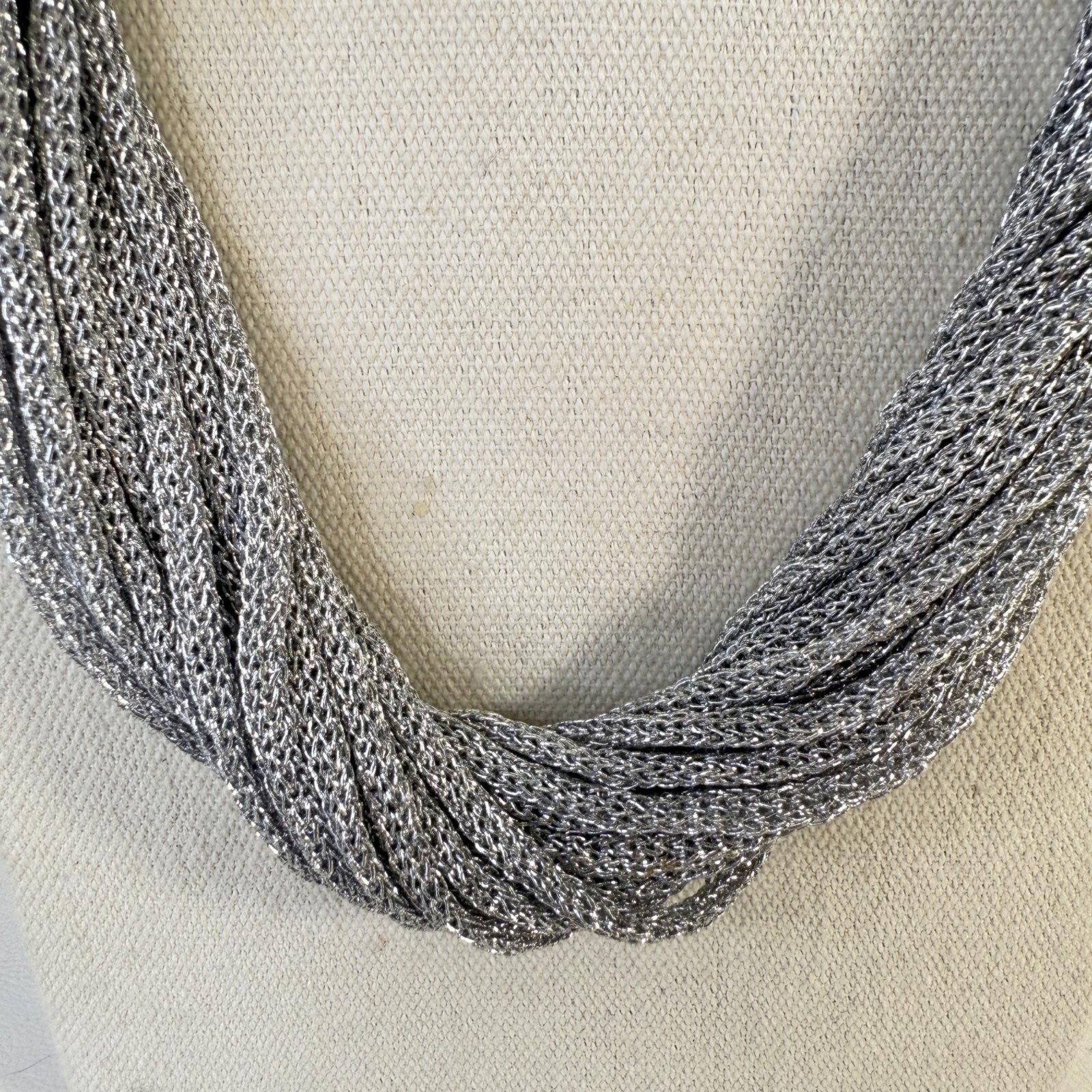 Multi Strand Metallic Cord Twist Necklace Silver Tone Long Length