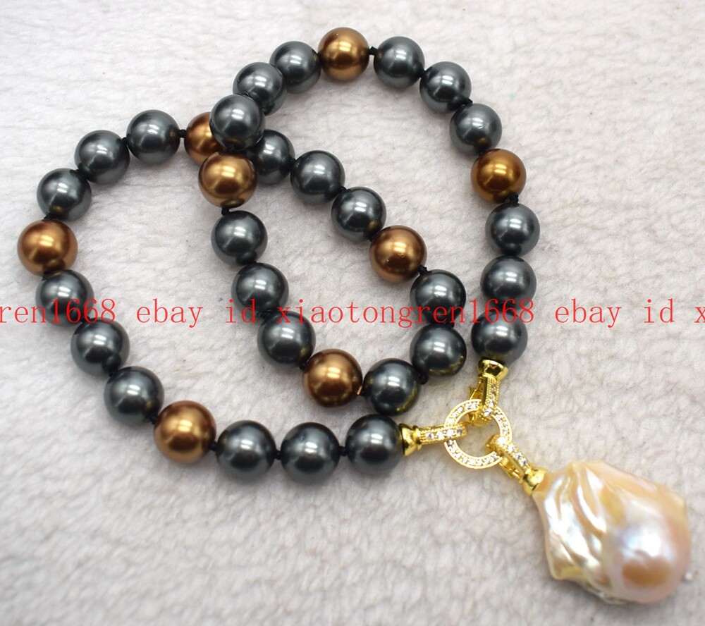 Fashion 12mm Black Brown Shell Pearl & Baroque Pearl Pendant Necklace 16-24in