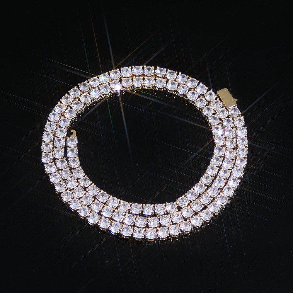 Hip Hop Tennis Chain Necklace 18K Real Gold Plated Full 5A Zircon Spring Clasp