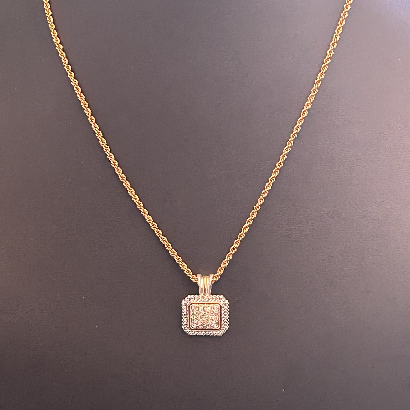 Avon Gold Plated Square Pavé Rhinestone Pendant Rope Chain Necklace, Signed
