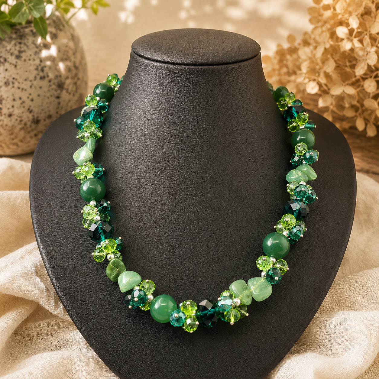 Green Glass & Semi Precious Stone Statement Necklace 46cm Handmade Boho Gift
